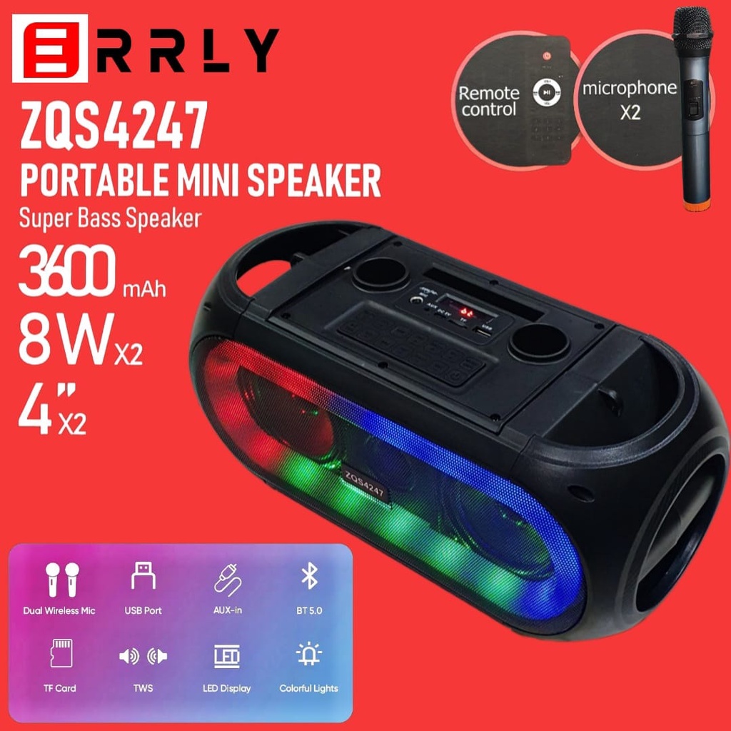 Speaker Bluetooth Karaoke Dual Microphone Sing-e ZQS4247 8INCH Lampu LED RGB + Remeto Control ZQS 4247