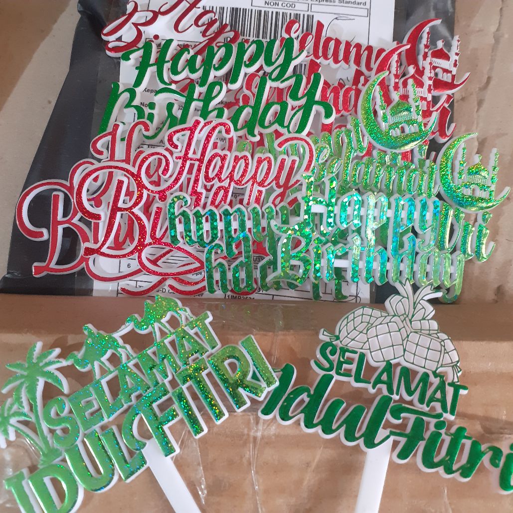 Ti-0138-d Cake Topper Tulisan Idul Fitri Lebaran Ketupat Hijau