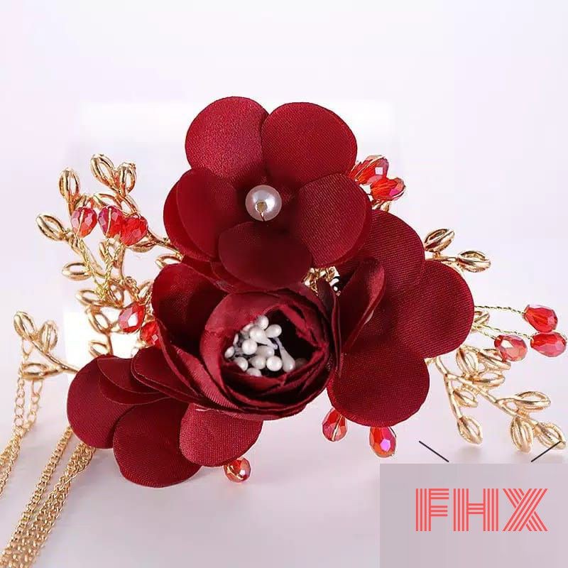 FerenHongXia Jepit Bridal 1 set exquisite red rose flower tiara and tassel earrings chinese bride