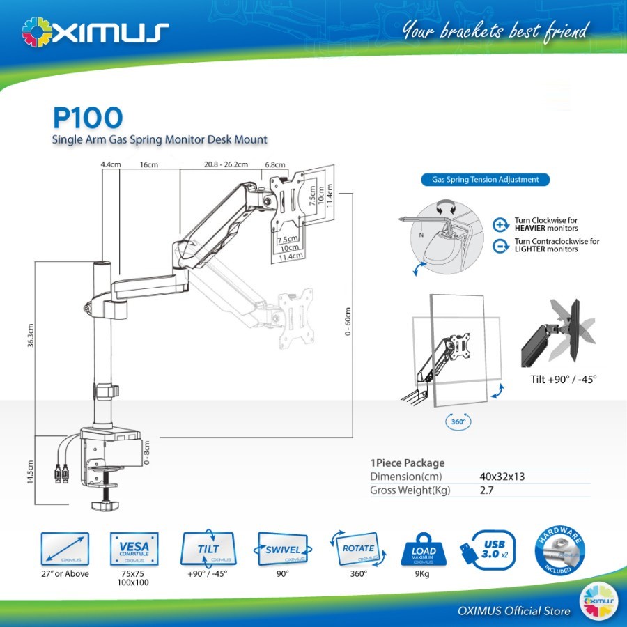BRACKET MONITOR GAS SPRING OXIMUS P100 TILT SWIVEL ROTATE USB 3.0 x2