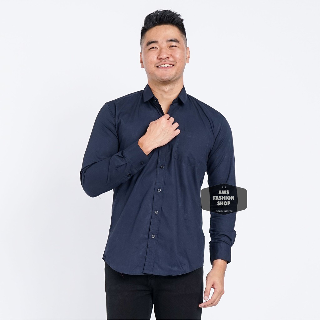 Kemeja Pria Lengan Panjang Polos Biru Navy Dark Blue Navy Polos Slimfit Casual 3264