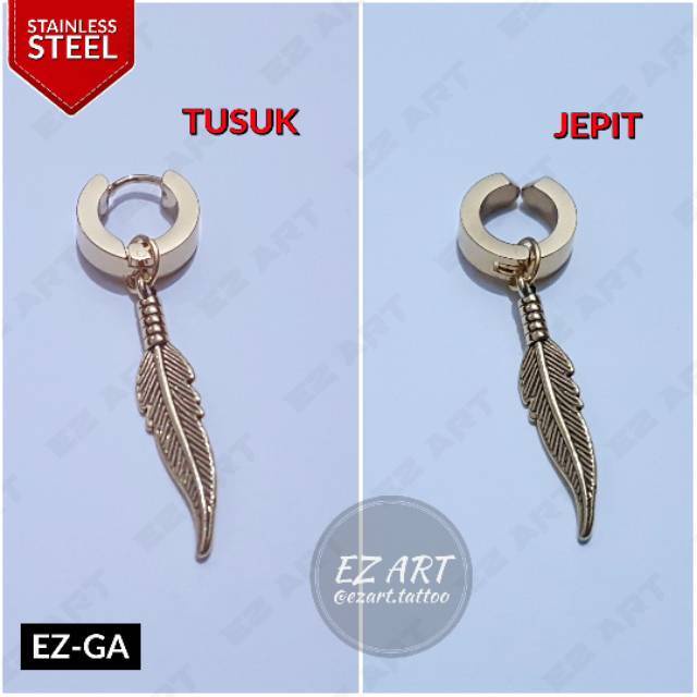 1Pc Model EZ-GA Gold Emas Anting Pria dan Wanita Jepit Tusuk Variasi Bandul Bulu Feather KPOP Punk
