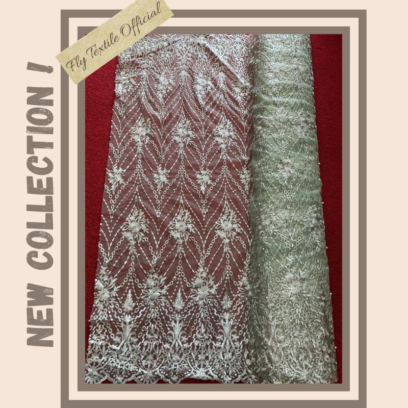 1/2 Meter Brukat Tile Akar Bordir Tebal Premium Sage Green || Tile Akar Bordir Premium || Tile Akar 