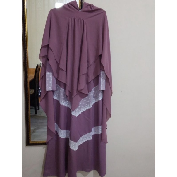 [ PRELOVED ] SYAR'I SET DRESS BY AZZAHRA PREMIUM & QIMAR BY JNS HIJAB