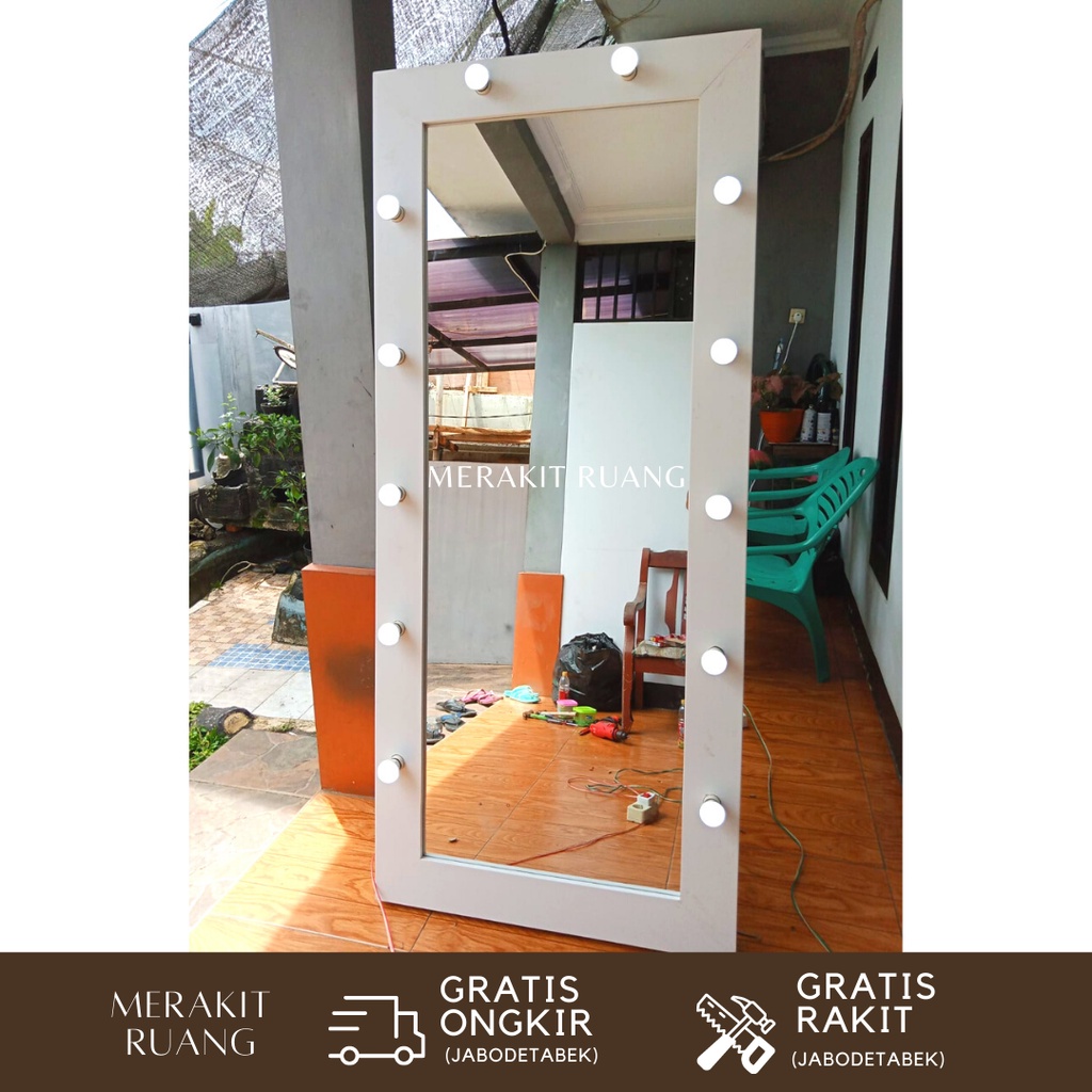 Standing Vanity Mirror Kaca Full Body OOTD Dengan Lampu Terang Elegan Murah Berkualitas