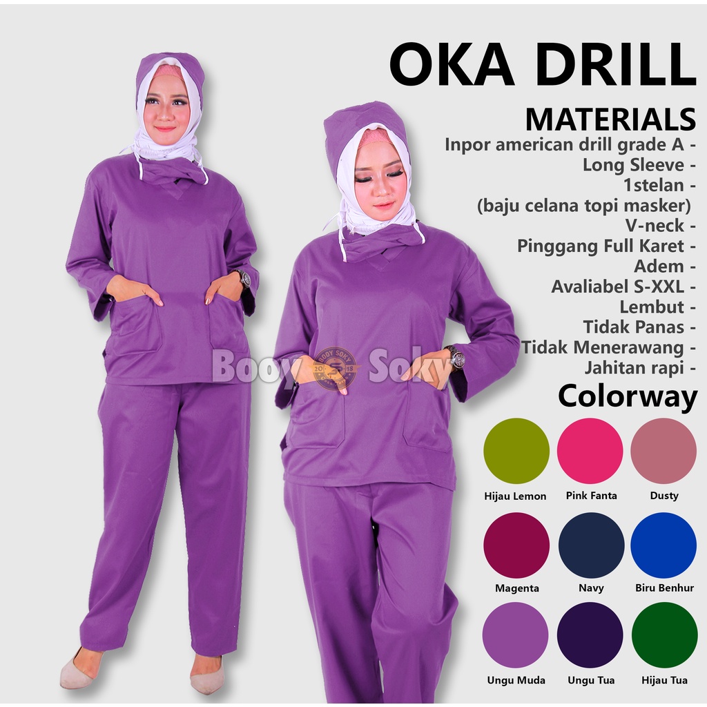 Baju Jaga Ok Oka Perawat Medis Lengan Panjang Dinas Kesehatan Malam | Baju Ok Murah Berkualitas American Drill | Set Scrub Dokter Kerah V-Ungu Muda
