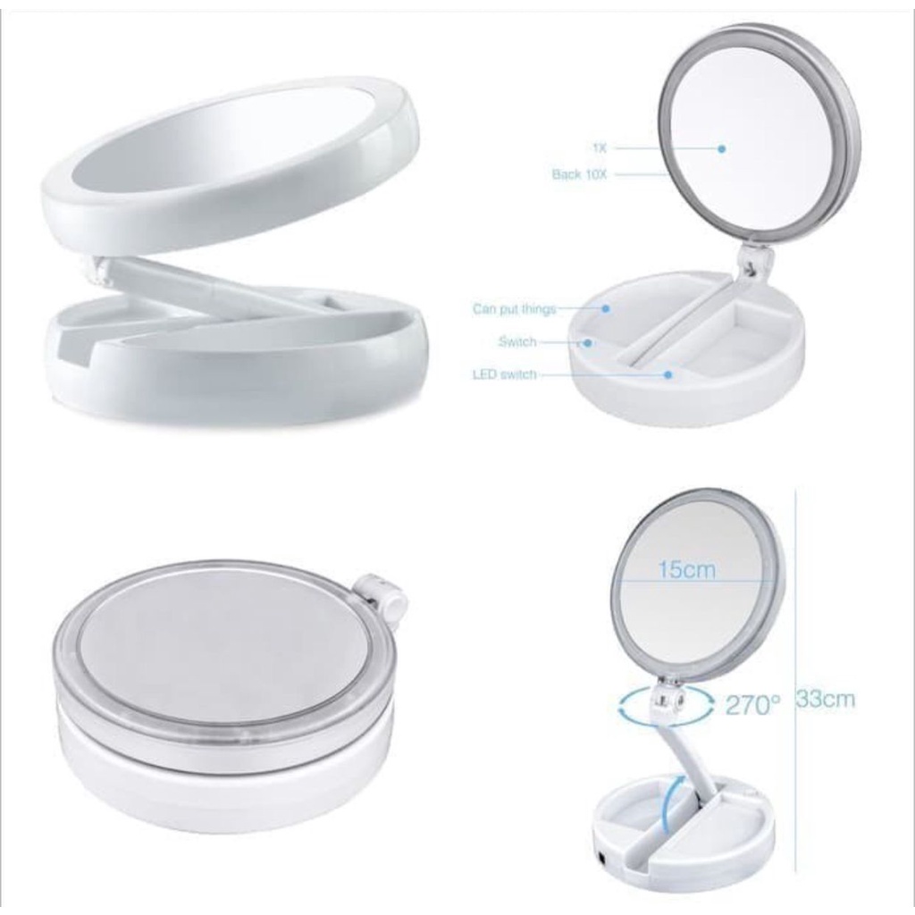 [GRAY.STORE178] Diskon Cermin Makeup Rias Mirror LED Estetik Cermin Lipat Pembesar 2 sisi . CLED
