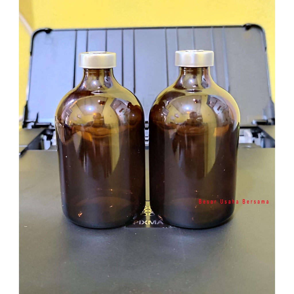 Botol Kaca Vial Coklat 100ml 100 ml Amber Tutup Karet Dan Segel Aluminium