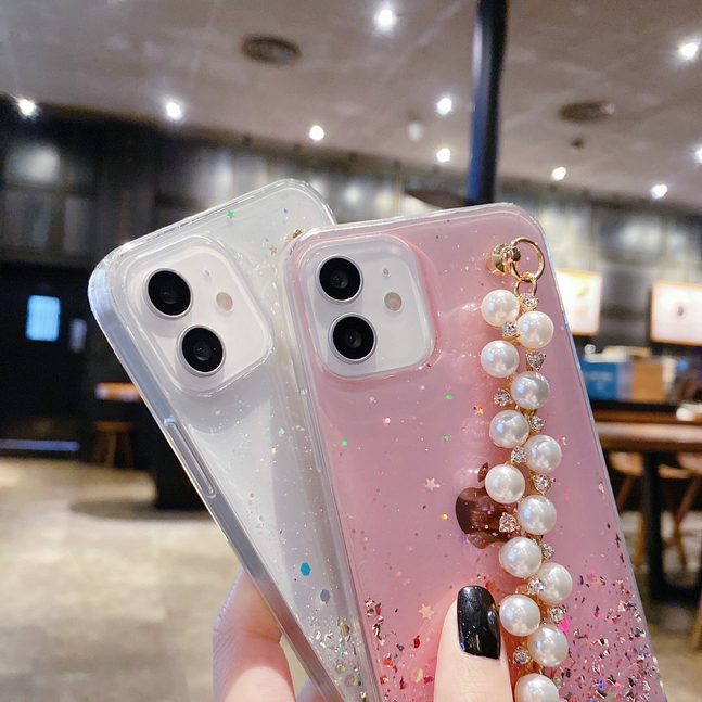 Soft Case Transparan Aksen Gelang Mutiara Berlian Untuk Iphone 11 12 Pro Max Xs X Xr 7 8 Plus 7 + 8 + Se 2020