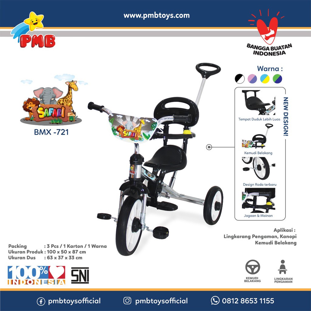 PMB 721 Sepeda BMX Roda Tiga Anak Tricycle Sandaran Stenlis Nikel Dorongan Jagaan PMB 721