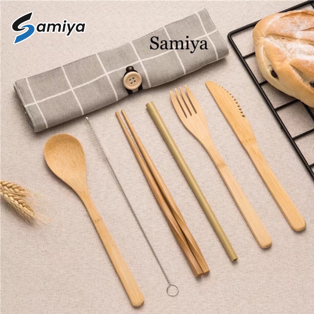 Paket alat makan set sendok garpu sumpit sedotan bambu / bamboo cutlery set / alat makan portable