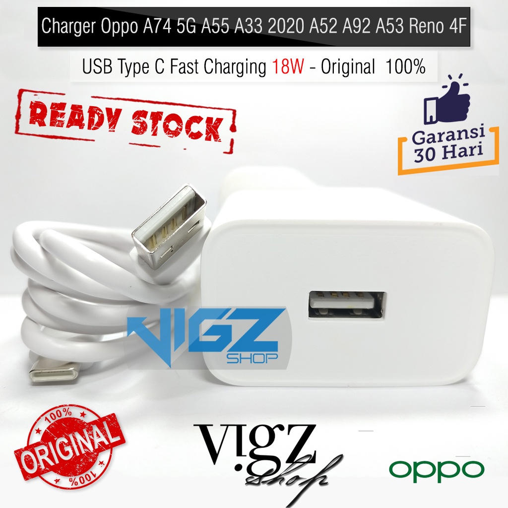 Charger Oppo A74 5G A55 A33 2020 A52 A92 A53 Reno 4F 18W USB Type C Fast Charging 18W Original 100%