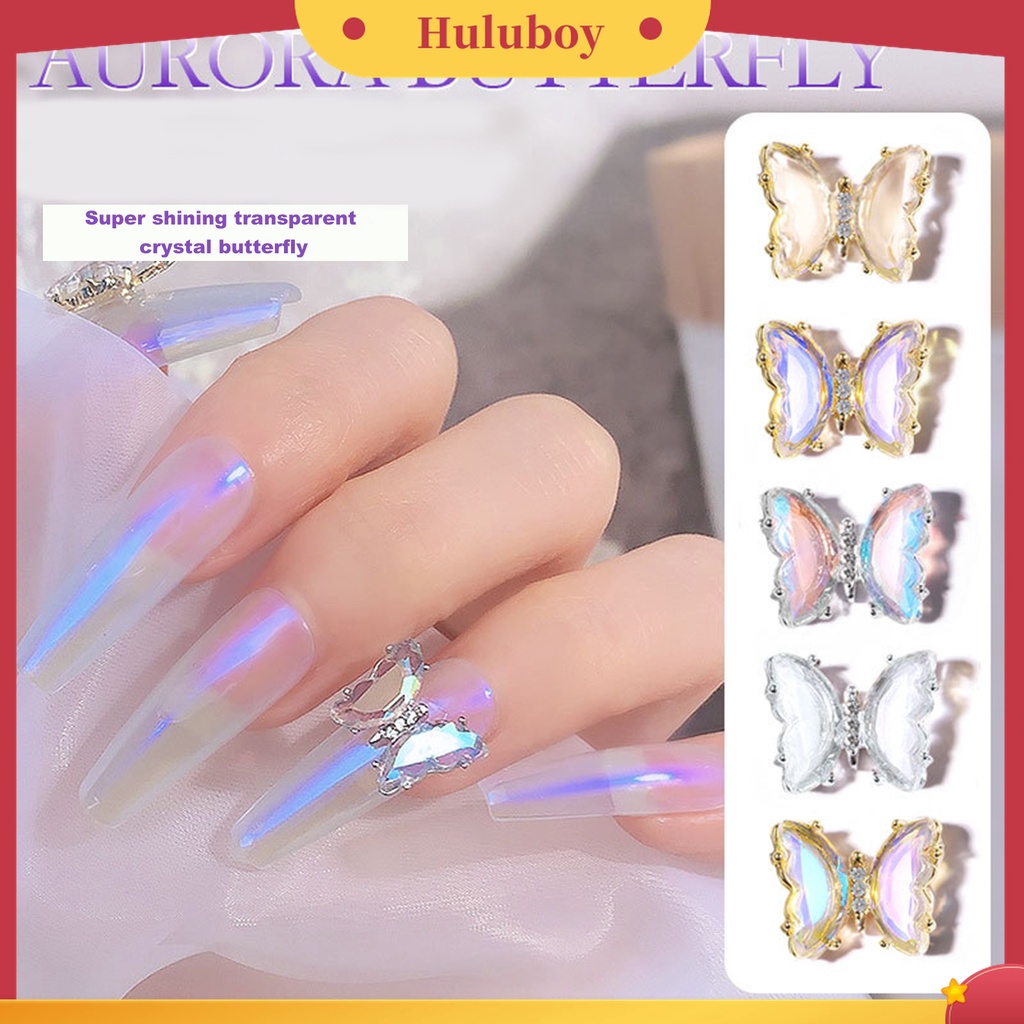 Huluboy Huluboy♡ Butterfly Ornamen Kupu-Kupu Aurora Kristal Imitasi 3D Warna-Warni Untuk Dekorasi Manicure
