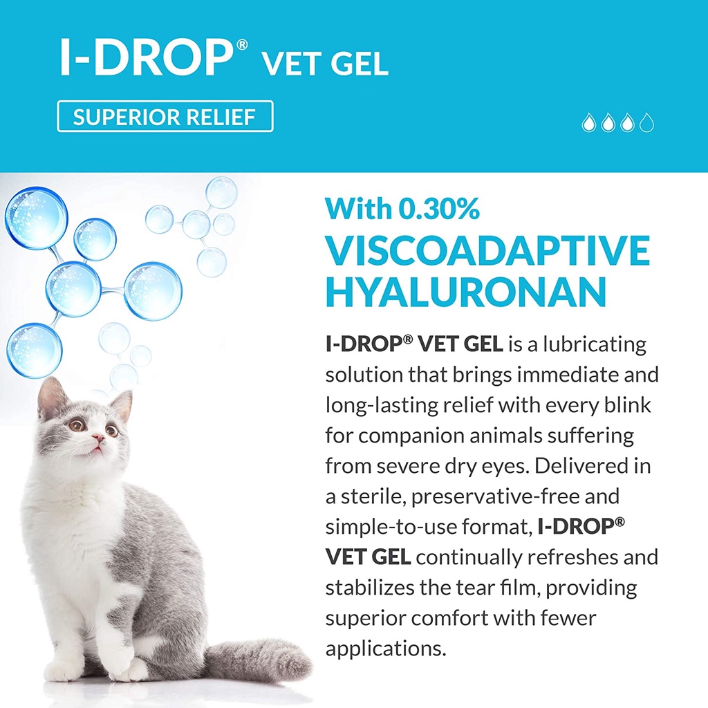 I-DROP VET GEL Lubricating Eye Drops for Pets: for Moderate to Severe Dry Eyes, Superior Comfort with Fewer Applications Needed, 0.30% Hyaluronan, Preservative-free, Non-irritating, One Bottle (10 Ml)