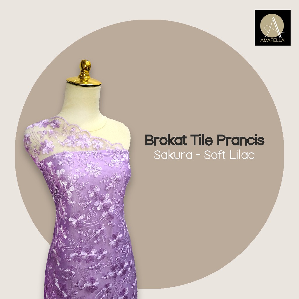 1/2 meter Kain Brokat Tile Prancis Bahan Kebaya Motif Sakura Soft Lilac