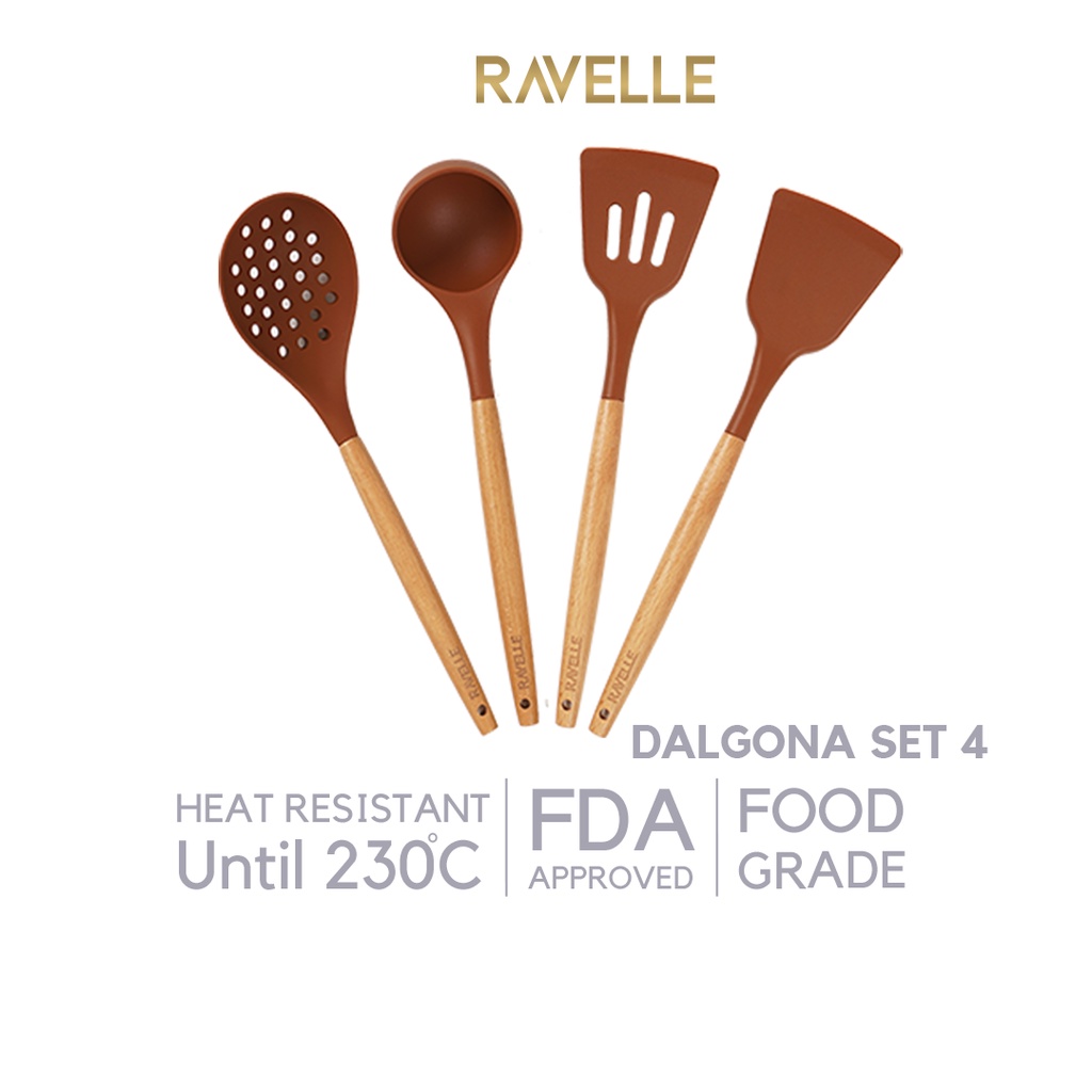 PREMIUM QUALITY  Sutil Spatula Silikon Bahan Tebal  Tidak Mudah Leleh - RAVELLE DALGONA Spatula Silicon Set - Sutil SIlikon - Silikon Spatula Gagang Kayu Tahan Panas Bpa Free Food Grade - Kitchen Utensils Anti Leleh
