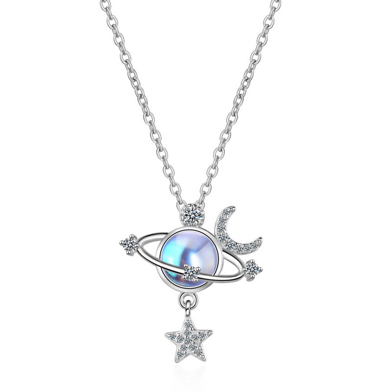 Kalung Rantai Klavikula 925 Silver Desain Bulan Bintang Planet Universe Aksen Zircon Untuk Wanita