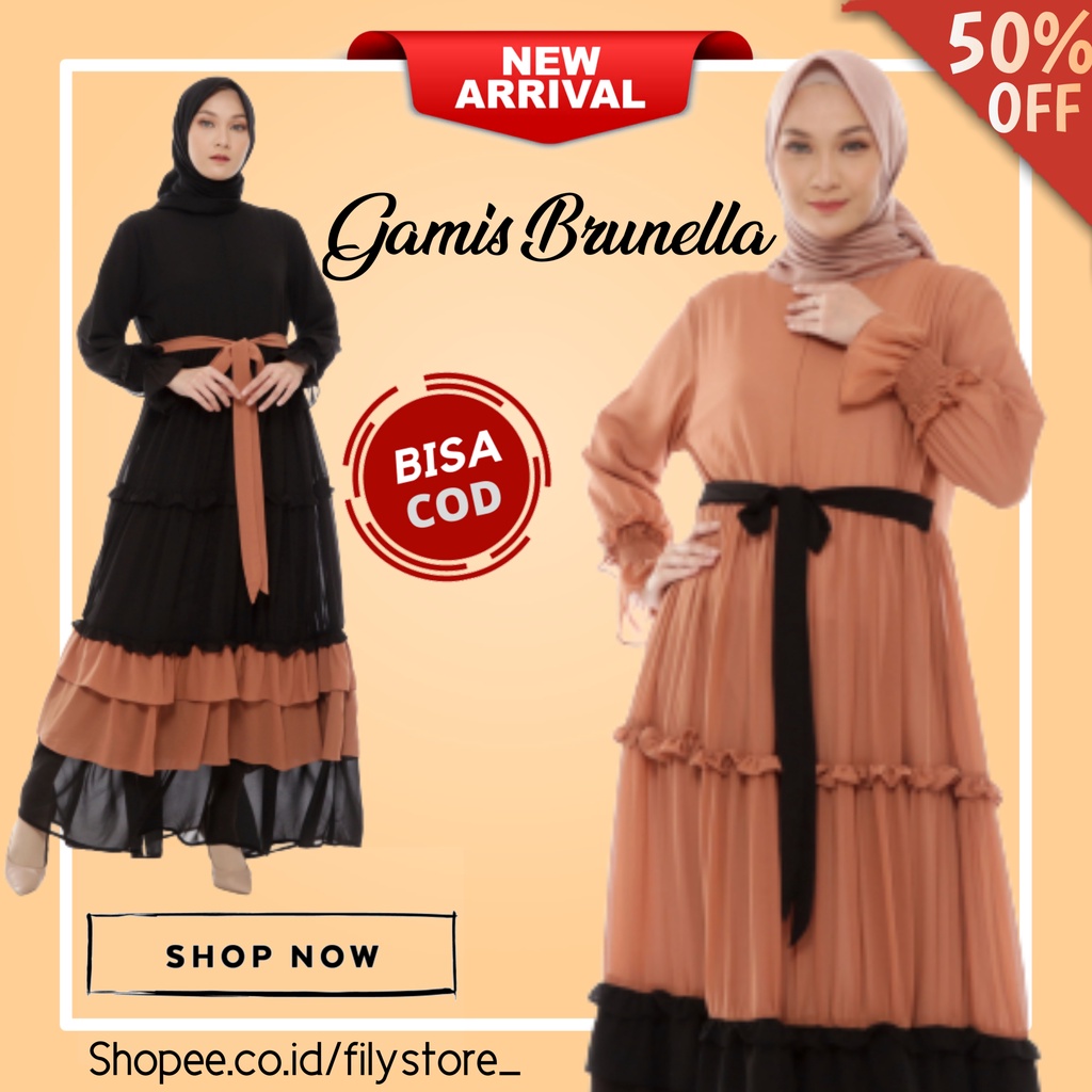 Baju Gamis Dress Wanita Cewe Cewek Muslim Busui Terbaru Murah 2021 New Model Bahan Premium Original - Brunella Dress