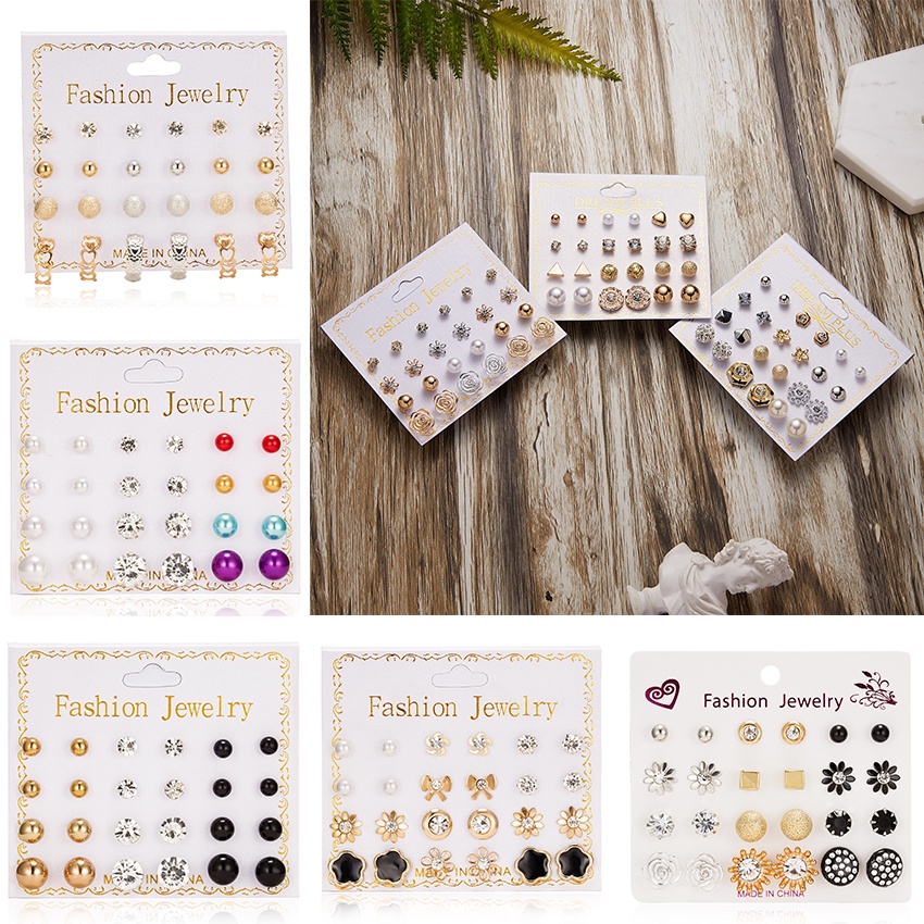 [✅READY STOCK] 12 Pasang/1 Set Anting Tusuk Model Mutiara Intan Bentuk Bulat Gaya Korea Untuk Wanita premium earring hadiah kado