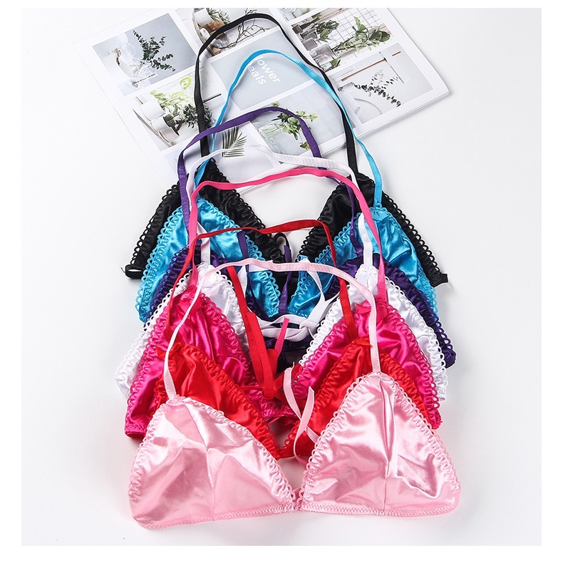 Set Bra dan G Strong Sexy Lingeire Wanita Tali Satin Bikini V-Neck Mini Lucu 3B051