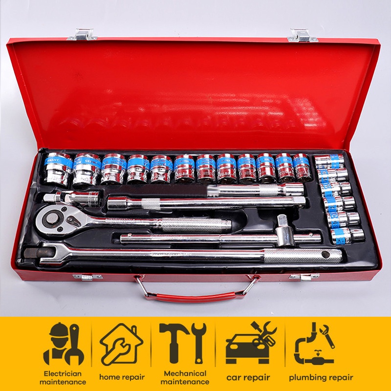 bonkyo Obeng Kunci Socket Set 12 Pcs Socket 8 - 24mm Ratchet Spanner Obeng set Box Besi