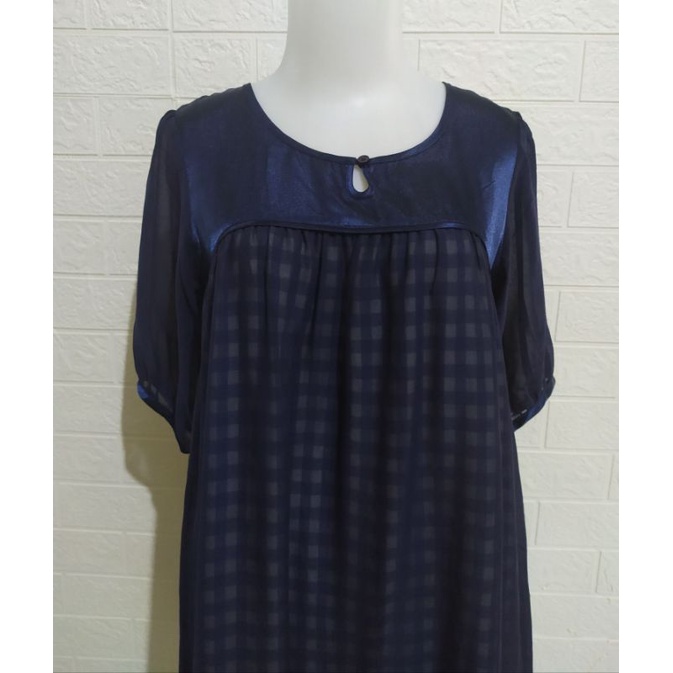 Atasan sifoni kotak2 navy/Tunik lengan Pendek PL914