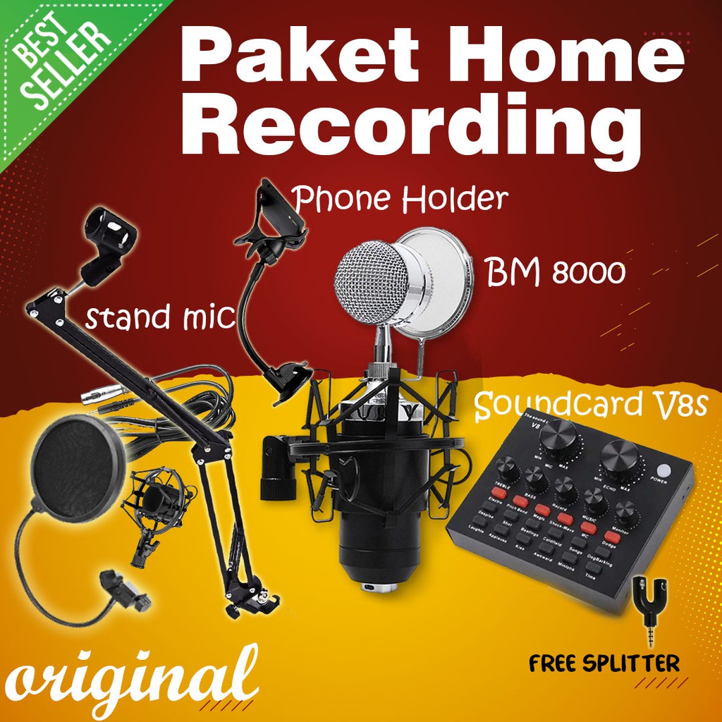 Paket Full Set BM-8000 Ready Recording BM8000 Condenser with Pop Filer Stand Splitter Sound Card