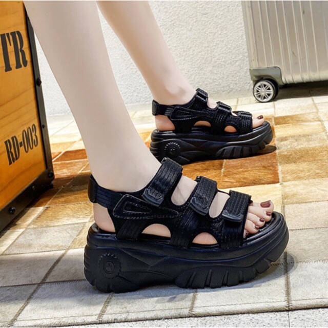 AXELINE PLATFORM WEDGES WANITA ALEXA STRAP KOREA CREAM BLACK BESTSELLER SANDAL GUNUNG