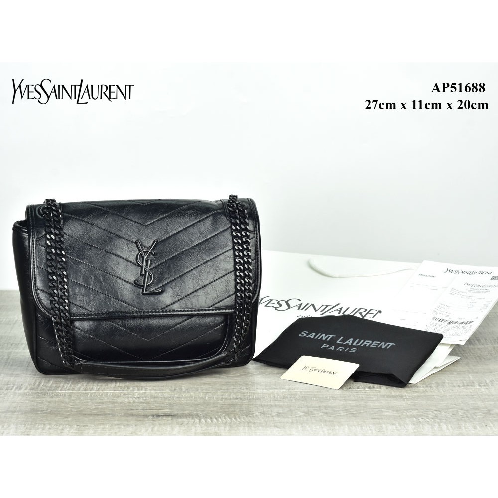 Grosir Tas Murah Tas YSL Niki Chain Crinkled Chevron Medium HITAM Semi Premium AP51688