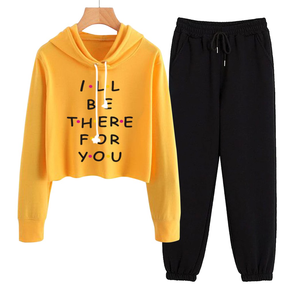 BESS - Baju Setelan Wanita Murah / Setelan Hoodie Crop + Jogger Hitam - I BE THERE