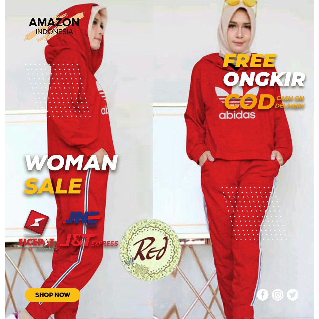 PAKAIAN WANITA TRAINING SETELAN CASUAL WARNA MERAH BAHAN FULL BABY TERRY BEST QUALITY ORIGINAL IMPOR