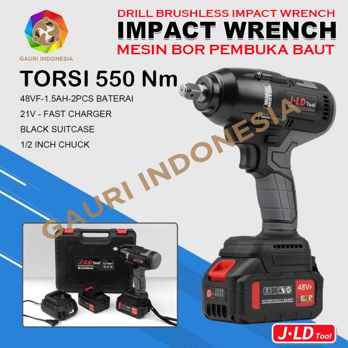 MESIN BOR TANGAN BATERE JLD TOOL BRUSHLESS IMPACT WRENCH J88F TORSI 550Nm 48VF BOR BUKA BAUT BATERAI