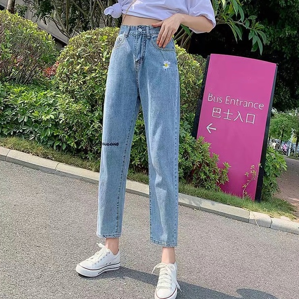 MOOGU ♡ Jeans daisy bordir high waist celana wanita