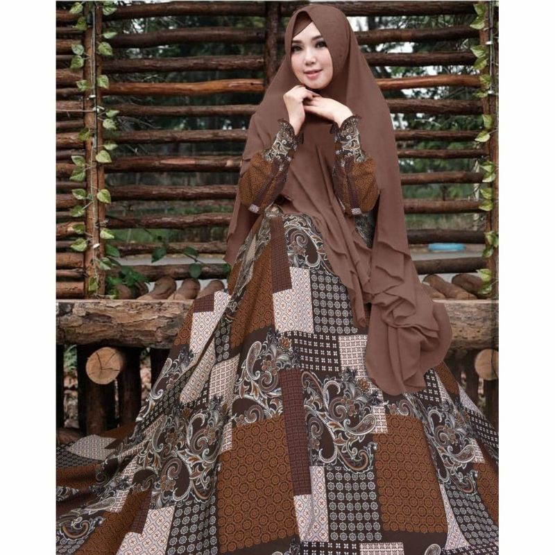 Diskon Monalisa Premium Set Hijab Ceruty Gamis Batik Coklat Syar'i Risanaya KLK71Z1CELdAqR