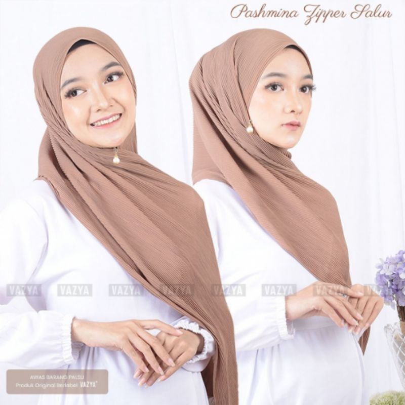 Hijab Kerudung Pashmina Plisket Jilbab Pasmina Zigzag Salur Kombinasi Zipper Ceruty Babydoll