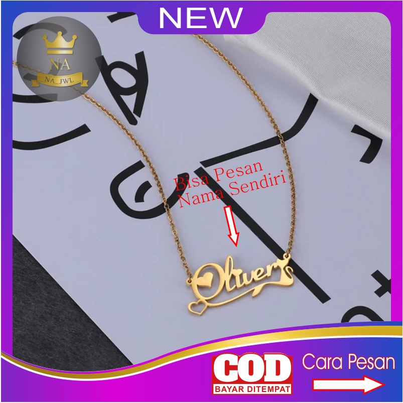 Kalung wanita custom nama huruf sendiri bahan titanium anti karat warna gold dan silver aksesoris fashion necklace kaling emas cewek muda terbaru