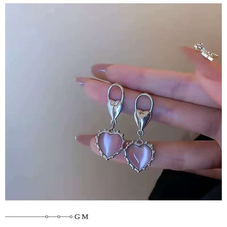 Anting Tusuk Gantung Temperament Desain Hati Hias Opal Pink Gaya Kerensimple Untuk Wanita