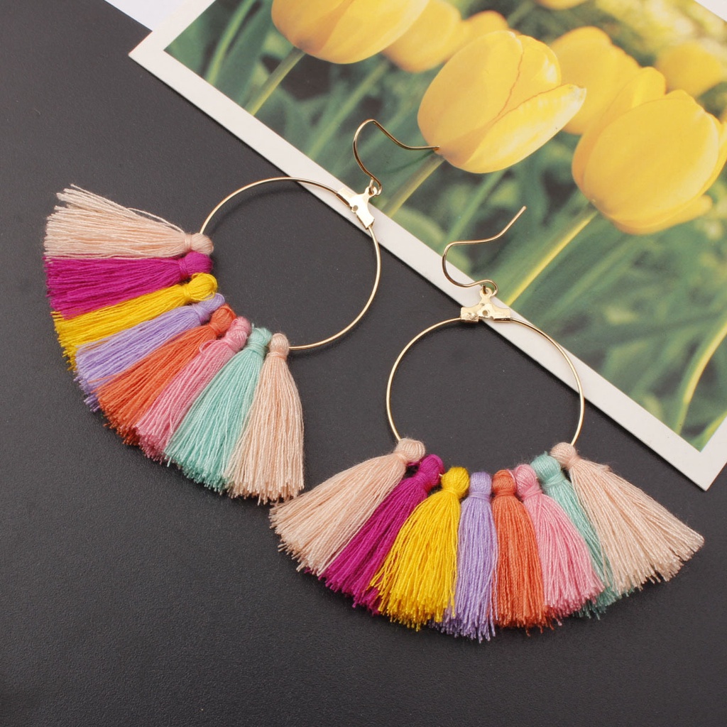 Untuk baru sederhana berbentuk kipas rumbai anting-anting temperamen panjang fringe ornamen bohemian