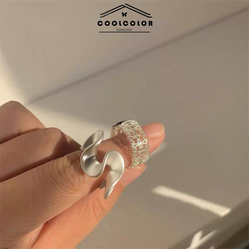 COD❤️Cincin Renda Zirkon Gelombang Matte Pembukaan Cincin Sederhana Wanita yang Dapat Disesuaikan- cl