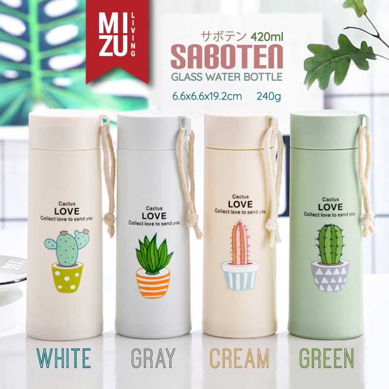 MIZU SABOTEN Glass Water Bottle Botol Air Minum Kaca BPA-Free Tumbler Kaktus