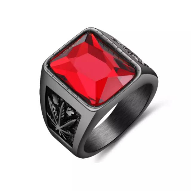 Cincin Pria Red Ruby Akik Merah Black Plated Titanium Stainless Steel Anti Karat High Polishing