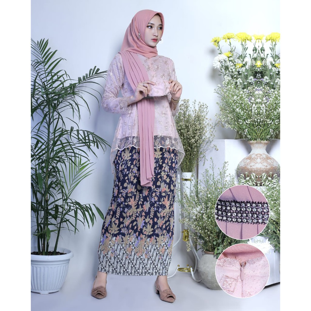 set kebaya aurora selendang termurah Kebaya /Kebaya tulle/Kebaya Wisuda /Baju Kebaya /Kebaya Moder-set pink