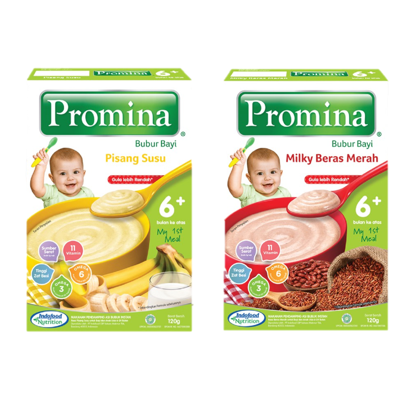 Promina Bubur Bayi 6+ Banana Milk Box 120 g x 1 Pcs + Promina Bubur Bayi 6+ Beras Merah Box 120 g x 1 Pcs