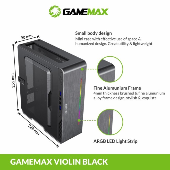 Gamemax Violin Black Ultra Slim Mini-ITX PC Case with LED Rainbow