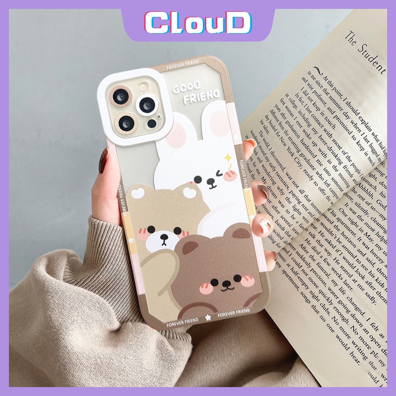 Casing Ponsel Kartun Beruang Kelinci Untuk Iphone11 7plus XR iPhone 6 6s 8 7 Plus 11 12 14 13 Pro MAX X XS MAX SE 2020pelindung Kamera Tahan Guncangan Teman Hewan Lucu Bening Lembut TPU Cover