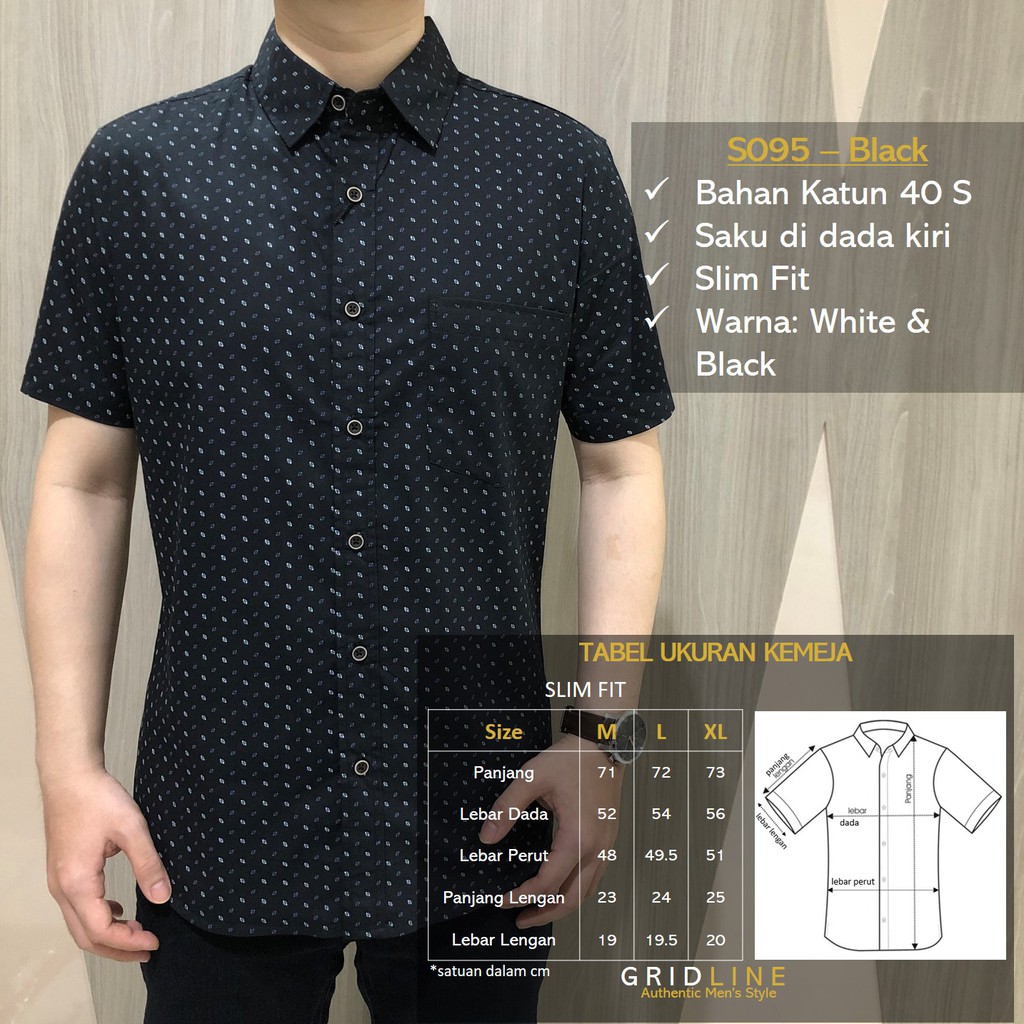 [GRIDLINE - S328 Cube White &amp; Black - S095 Black] Kemeja Pria Katun Lengan Pendek Slimfit Simple Motif M-XXL