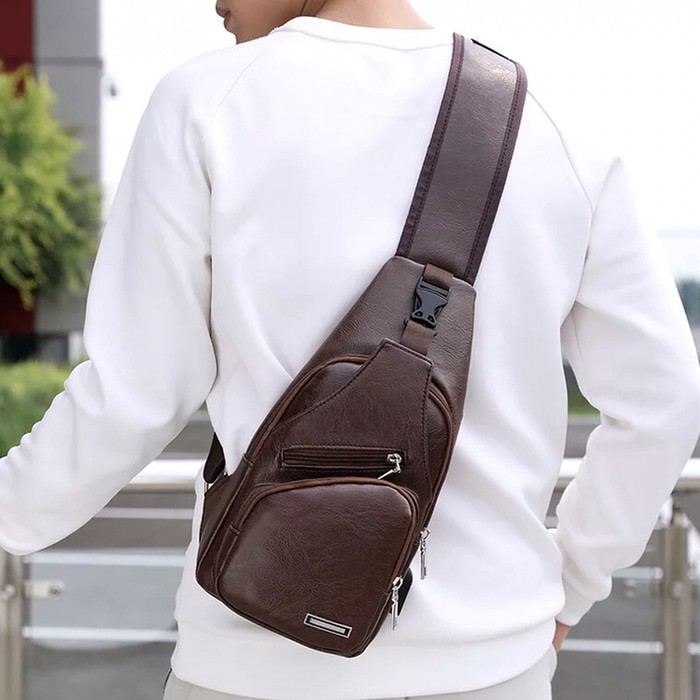 NEW PRODUK Tas Selempang Pria Sling Bag Kulit USB Port