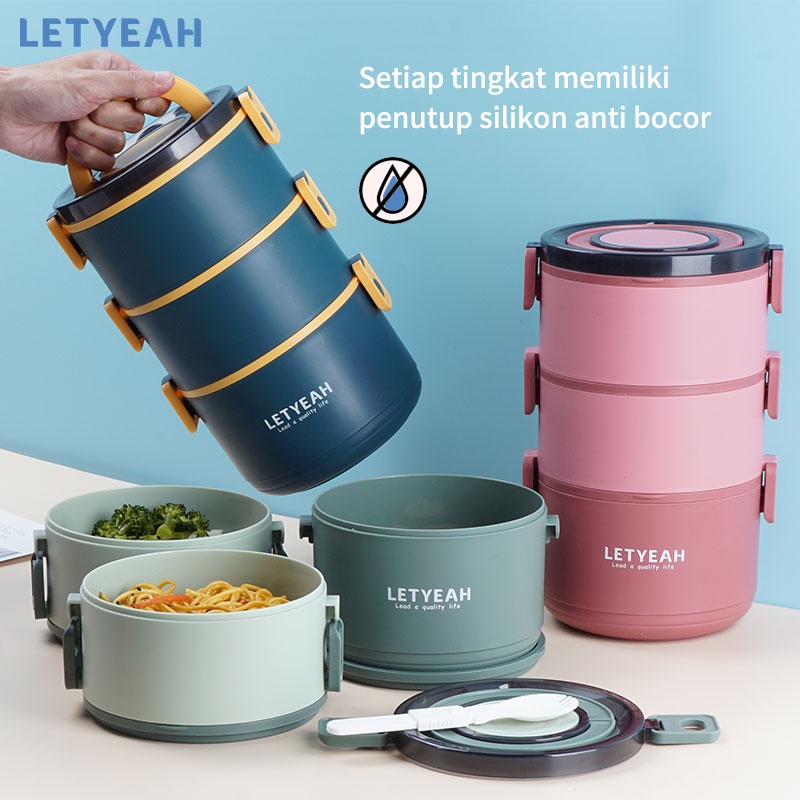 letyeah lunch box set anti tumpah 2200 ml/cutlery set stainless 3 in 1/kotak makan 3 susun kapasitas tinggi