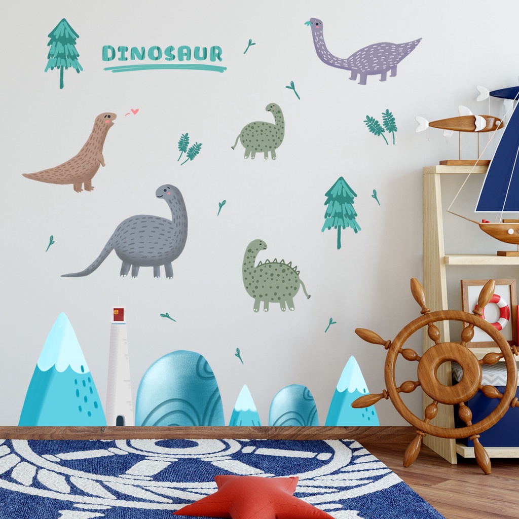 2pcs / set Stiker Dinding Motif Kartun Dinosaurus Dapat Dilepas Untuk Dekorasi Kamar Tidur Anak