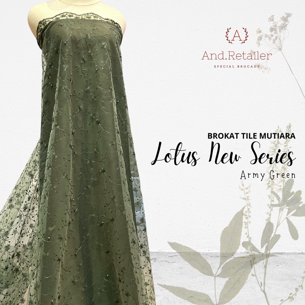 Kain Brokat Tile Akar Mutiara Lotus Warna Hijau Army Armi Hijau Tentara